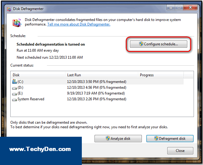 configure schedule in defragmentation default program
