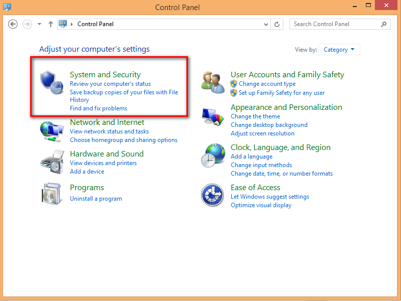 choose System and security in control panel