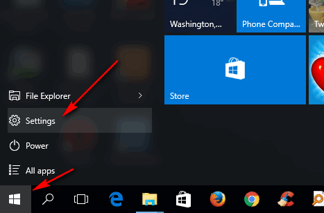 settings from Start button