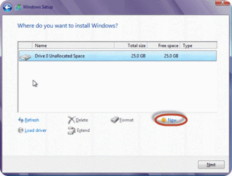 install windows 8 - create new partition