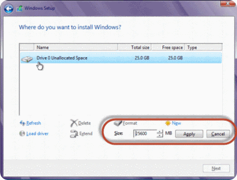 add and create partition to install windows