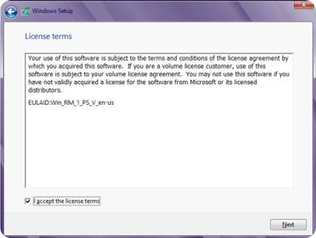 install windows 8 - accept TOS